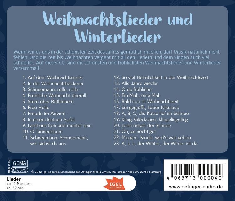 Produktbild: Weihnachtslieder und Winterlieder