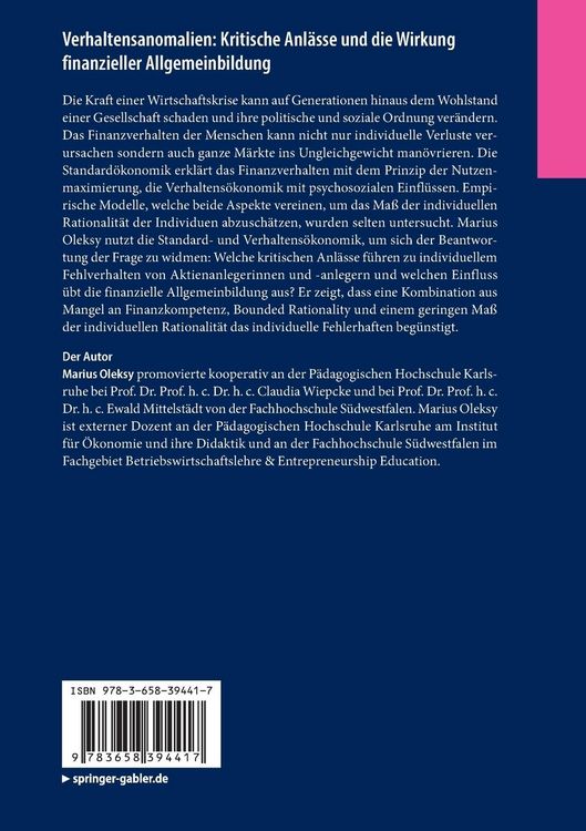 Produktbild: Verhaltensanomalien: Kritische Anl&auml;sse und die Wirkung finanzieller Allgemeinbildung