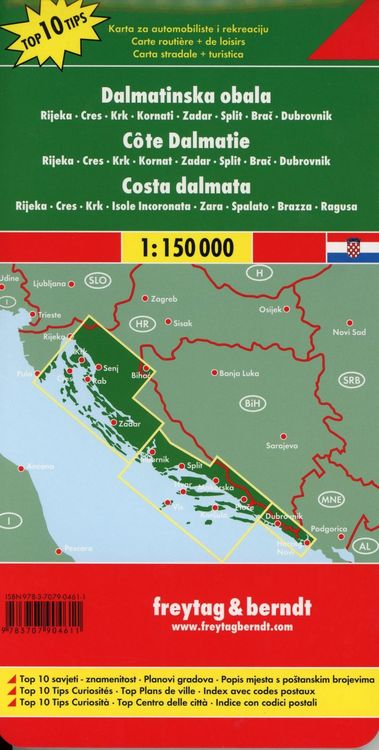 Dalmatinische Küste, Rijeka - Cres - Krk - Kornaten - Zadar - Split - Brac - Dubrovnik, Autokarte 1:150.000
