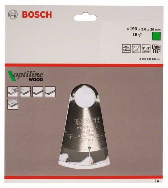 Produktbild: Bosch Accessories Optiline Wood 2608641184 Hartmetall Kreiss&auml;geblatt 190 x 30 x 2 mm Z&auml;hneanzahl: 16 1 St.