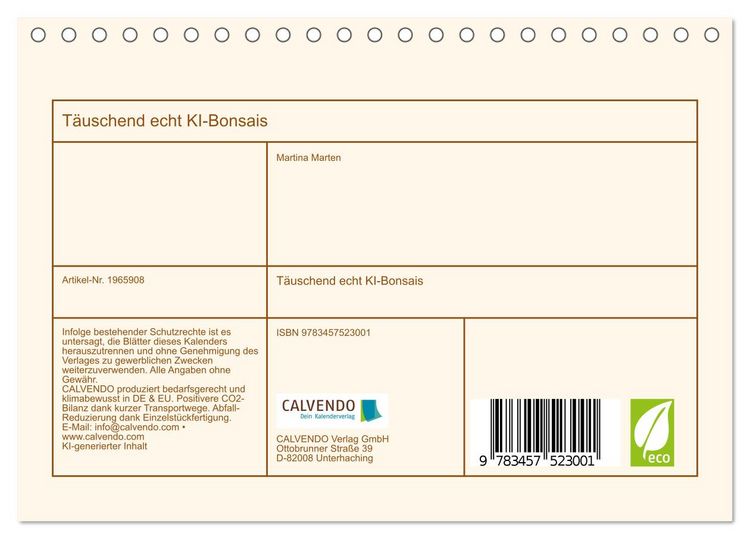 Produktbild: T&auml;uschend echt KI-Bonsais (Tischkalender 2026 DIN A5 quer), CALVENDO Monatskalender