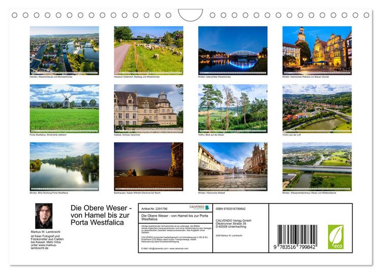 Produktbild: Die Obere Weser - von Hamel bis zur Porta Westfalica (Wandkalender 2027 DIN A4 quer), CALVENDO Monatskalender
