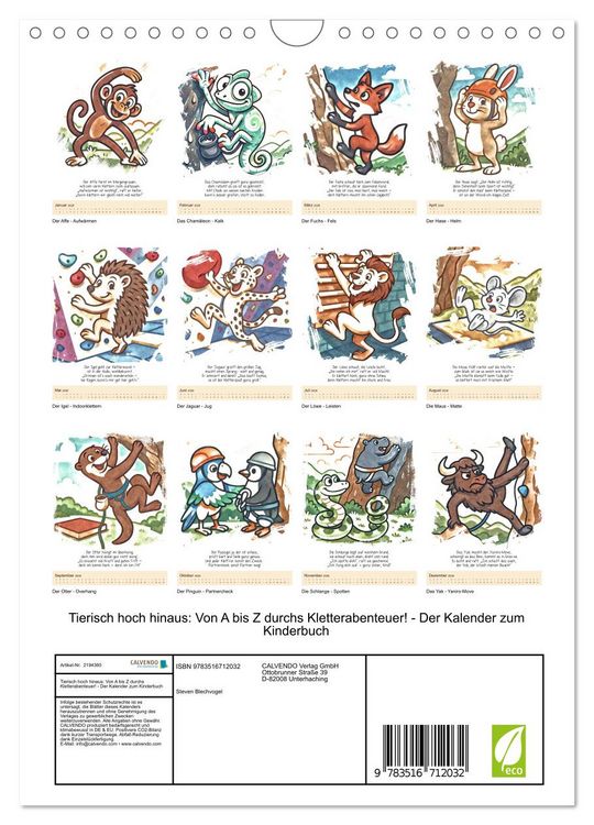 Produktbild: Tierisch hoch hinaus: Von A bis Z durchs Kletterabenteuer! - Der Kalender zum Kinderbuch (Wandkalender 2026 DIN A4 hoch), CALVENDO Monatskalender