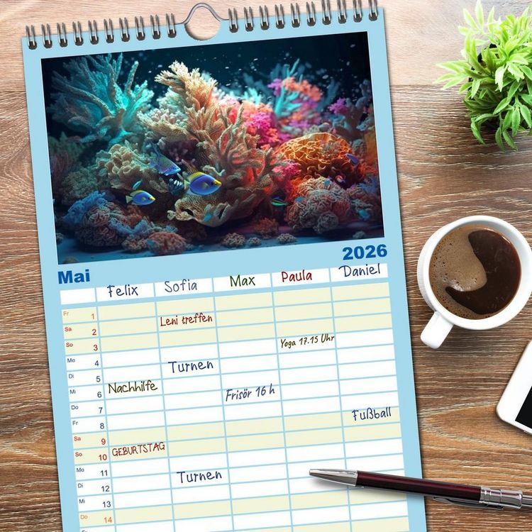 Produktbild: Familienplaner 2026 - Fantasie bei die Fische! mit 5 Spalten (Wandkalender, 21 x 45 cm) CALVENDO