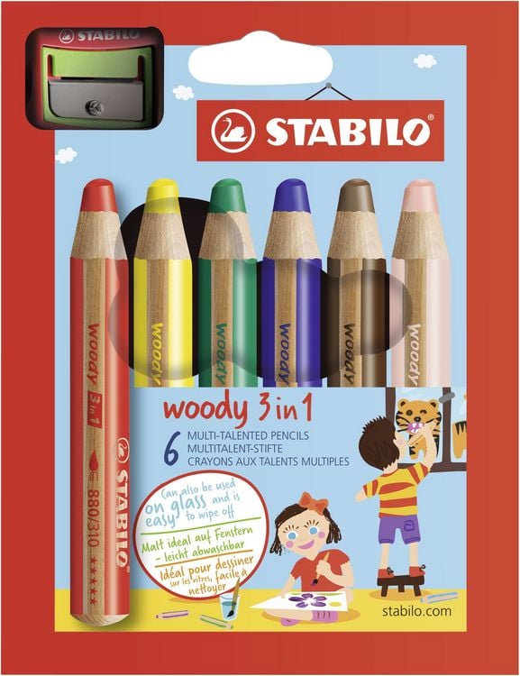 Produktbild: STABILO Buntstift, Wasserfarbe & Wachsmalkreide - woody 3 in 1 - 6er Pack mit Spitzer - mit 6 verschiedenen Farben
