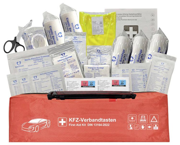 Produktbild: besTreat 3 in 1 Car first aid kit Verbandtasche Inkl. Warndreieck Bus, Wohnmobile, Pkw, SUV (L x B x H) 130 x 440 x 60 mm EN 14683 DIN 13164 1 St.