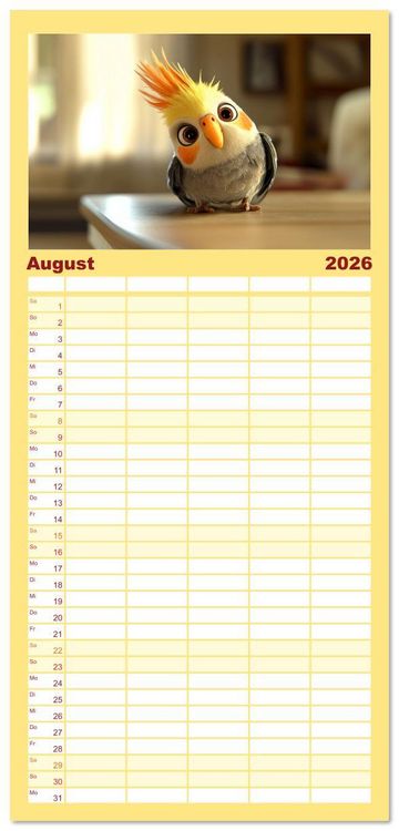 Produktbild: Familienplaner 2026 - Klein, laut, lustig - Nymphensittiche mit 5 Spalten (Wandkalender, 21 x 45 cm) CALVENDO