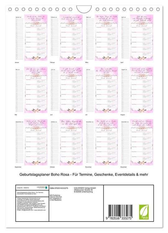 Produktbild: Geburtstagsplaner Boho Rosa - F&uuml;r Termine, Geschenke, Eventdetails & mehr (Wandkalender 2026 DIN A4 hoch), CALVENDO Monatskalender