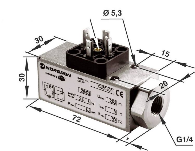 Produktbild: Norgren IMI Druckschalter 0880300 G1/4 0.5 bis 8 bar 1 Wechsler 1St.