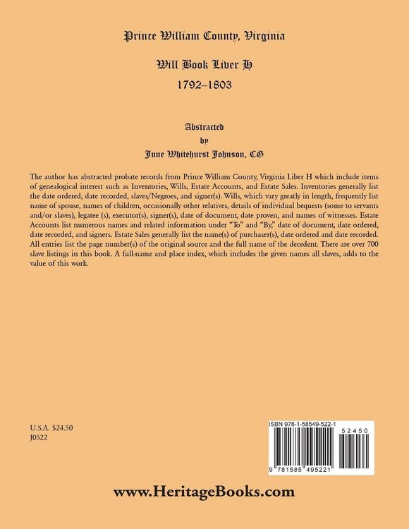 Produktbild: Prince William County, Virginia Will Book Liber H, 1792-1803