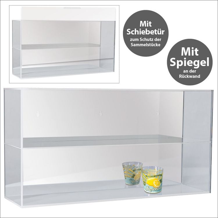 Produktbild: Hochwertige Acryl-Vitrine mit verspiegelter R&uuml;ckwand und 2 Ebenen. Einschub an der Vorderseite kann komplett ge&ouml;ffnet werden, wird aufgebaut geliefert, auch f&uuml;r Wandmontage geeignet. Innenformate der F&auml;cher jeweils 52 x 14,8 x 14,8 cm