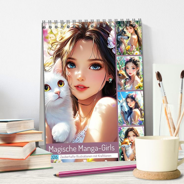 Produktbild: Magische Manga-Girls. Zauberhafte Illustrationen mit Krafttieren (Tischkalender 2026 DIN A5 hoch), CALVENDO Monatskalender