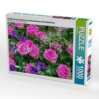 Produktbild: CALVENDO Puzzle Strau&szlig; mit rosa farbenen und blauen Rosen mit Schleierkraut | 1000 Teile Lege-Gr&ouml;&szlig;e 64x48cm Foto-Puzzle f&uuml;r gl&uuml;ckliche Stunden