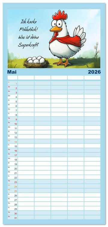 Produktbild: Familienplaner 2026 - Verr&uuml;cktes H&uuml;hnervolk mit 5 Spalten (Wandkalender, 21 x 45 cm) CALVENDO