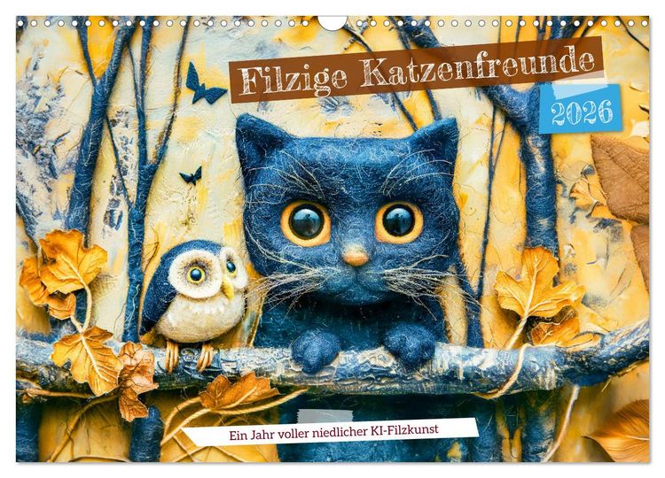 Produktbild: Filzige Katzenfreunde - Ein Jahr voller niedlicher KI-Filzkunst (Wandkalender 2026 DIN A3 quer), CALVENDO Monatskalender