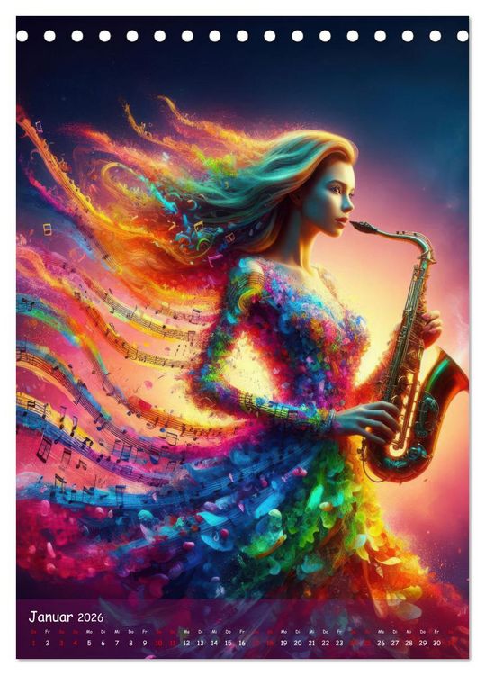 Produktbild: Musikalische Magie &ndash; Frauen in klangvollen Kleidern aus Noten und Farbe (Tischkalender 2026 DIN A5 hoch), CALVENDO Monatskalender
