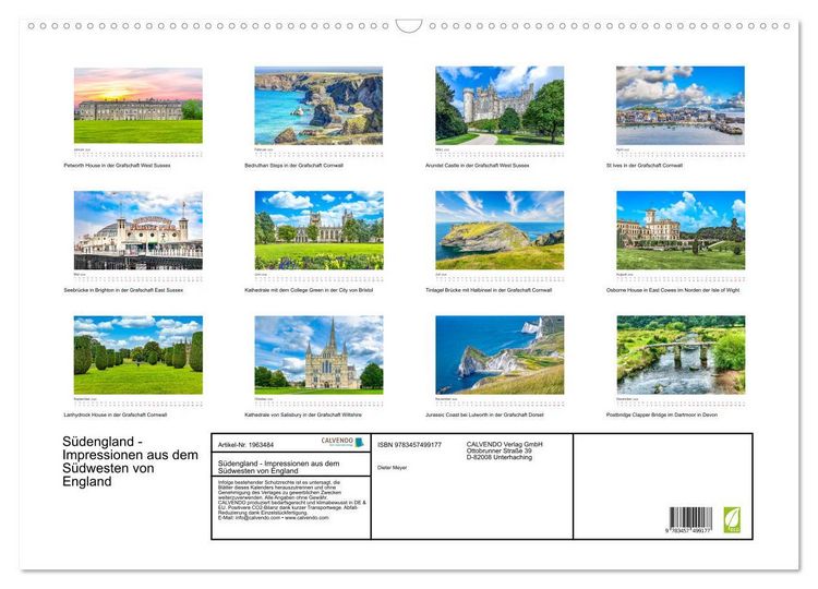 Produktbild: S&uuml;dengland - Impressionen aus dem S&uuml;dwesten von England (Wandkalender 2026 DIN A2 quer), CALVENDO Monatskalender