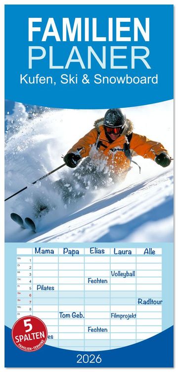 Produktbild: Familienplaner 2026 - Kufen, Ski & Snowboard mit 5 Spalten (Wandkalender, 21 x 45 cm) CALVENDO