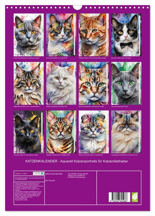 Produktbild: KATZENKALENDER - Aquarell Katzenportraits f&uuml;r Katzenliebhaber (Wandkalender 2026 DIN A3 hoch), CALVENDO Monatskalender