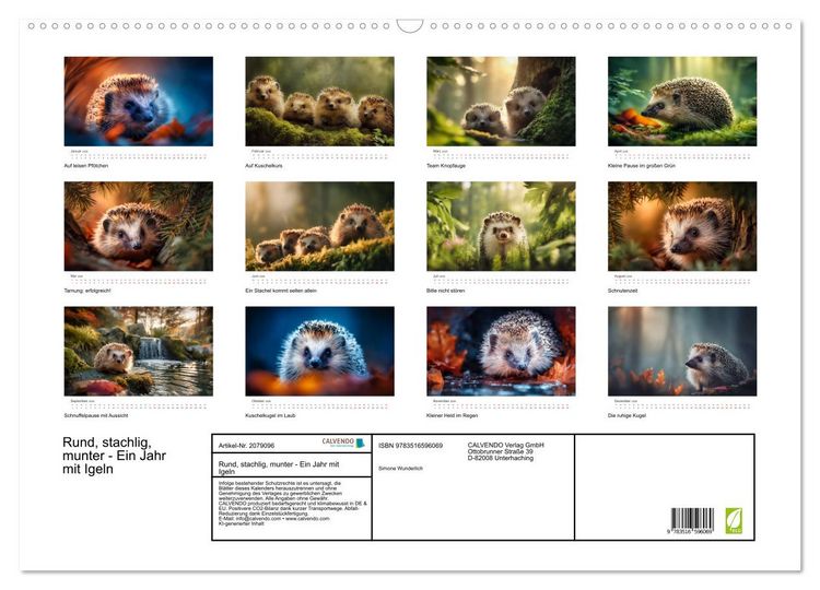 Produktbild: Rund, stachlig, munter - Ein Jahr mit Igeln (Wandkalender 2026 DIN A2 quer), CALVENDO Monatskalender