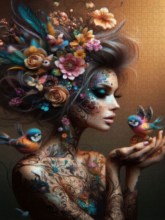 Produktbild: CALVENDO Puzzle Portrait einer Frau mit orangenen organischen Haarschmuck und Paradiesv&ouml;geln auf der Hand | 1000 Teile Lege-Gr&ouml;&szlig;e 64x48cm Foto-Puzzle