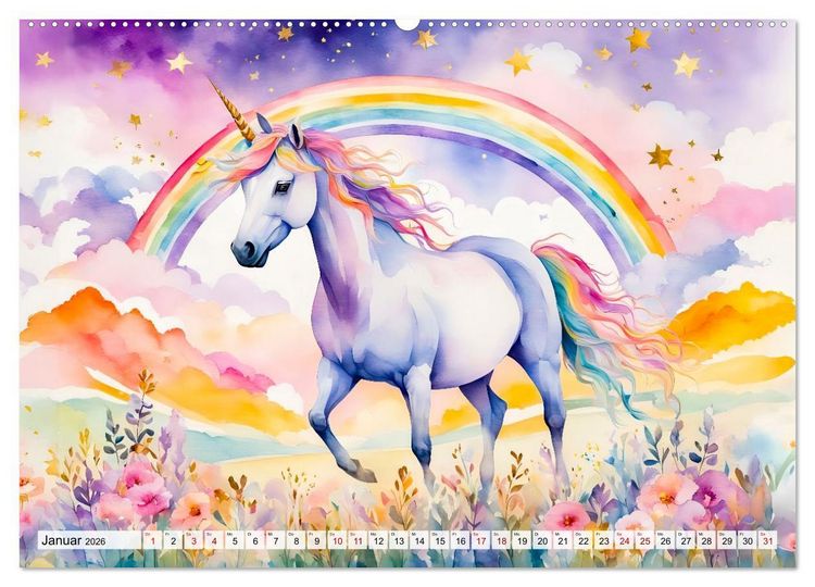 Produktbild: Magische Einh&ouml;rner - Traumlandschaften unterm Regenbogen (hochwertiger Premium Wandkalender 2026 DIN A2 quer), Kunstdruck in Hochglanz