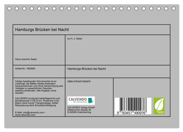Produktbild: Hamburgs Br&uuml;cken bei Nacht (Tischkalender 2026 DIN A5 quer), CALVENDO Monatskalender