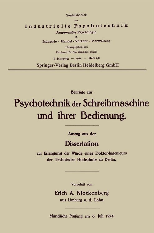 Produktbild: Beitr&auml;ge zur Psychotechnik der Schreibmaschine und ihrer Bedienung