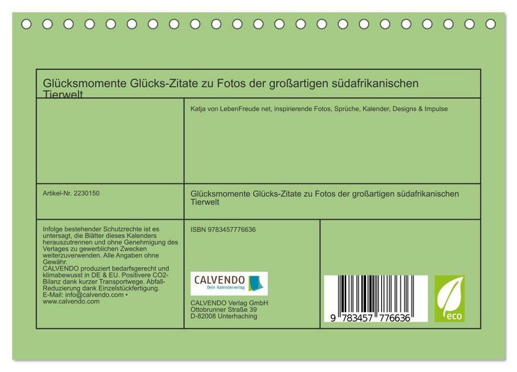 Produktbild: Gl&uuml;cksmomente Gl&uuml;cks-Zitate zu Fotos der gro&szlig;artigen s&uuml;dafrikanischen Tierwelt (Tischkalender 2026 DIN A5 quer), CALVENDO Monatskalender