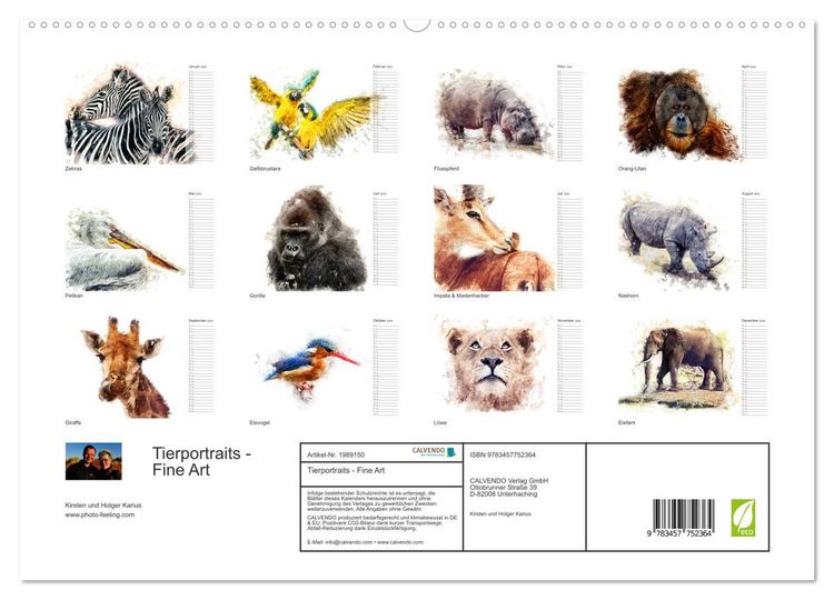 Produktbild: Tierportraits - Fine Art (hochwertiger Premium Wandkalender 2026 DIN A2 quer), Kunstdruck in Hochglanz