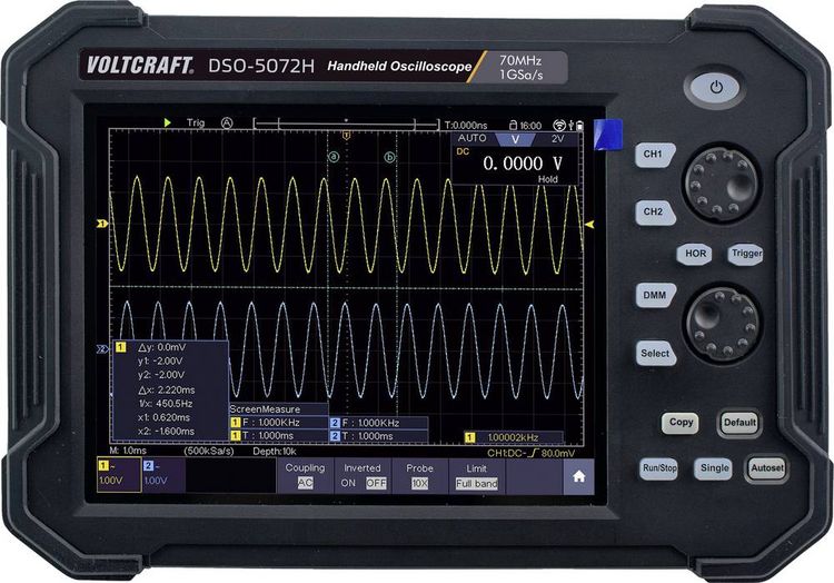Produktbild: VOLTCRAFT DSO-5072H Hand-Oszilloskop 70 MHz 2-Kanal 1 GSa/s 40 Mpts 8 Bit Digital-Speicher (DSO), Handger&auml;t, Multimeter-Funktionen 1 St.