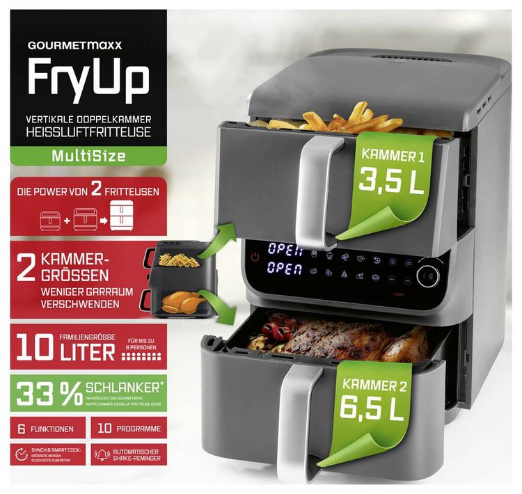 Produktbild: GourmetMaxx 16404 Hei&szlig;luft-Fritteuse 10l 2500W Antihaftbeschichtung, BPA-frei, Cool-Touch-Geh&auml;use, digitaler Timer, Grillfunktion