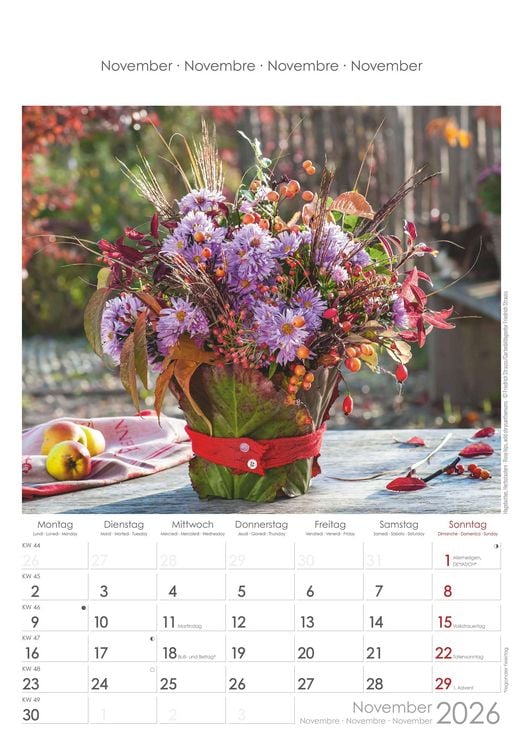 Blumen 2026 - Bildkalender 23,7x34 cm - Kalender mit Platz für Notizen - mit vielen Zusatzinformationen - Wandkalender - Blumenkalender