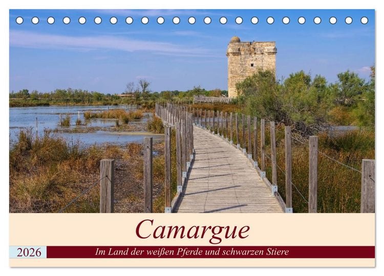 Produktbild: Camargue - Im Land der wei&szlig;en Pferde und schwarzen Stiere (Tischkalender 2026 DIN A5 quer), CALVENDO Monatskalender