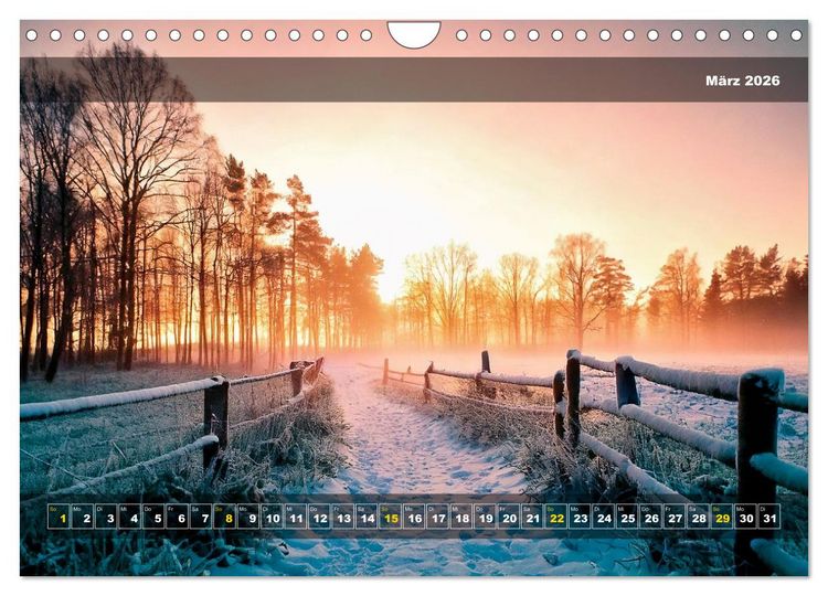 Produktbild: Verschneite Landschaft unter einer fahlen Wintersonne (Wandkalender 2026 DIN A4 quer), CALVENDO Monatskalender