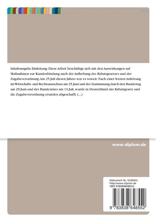 Produktbild: Auswirkungen der Aufhebung von Rabattgesetz und Zugabeverordnung auf Ma&szlig;nahmen zur Kundenbindung