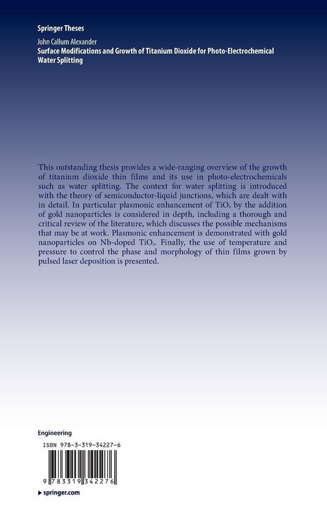 Produktbild: Surface Modifications and Growth of Titanium Dioxide for Photo-Electrochemical Water Splitting
