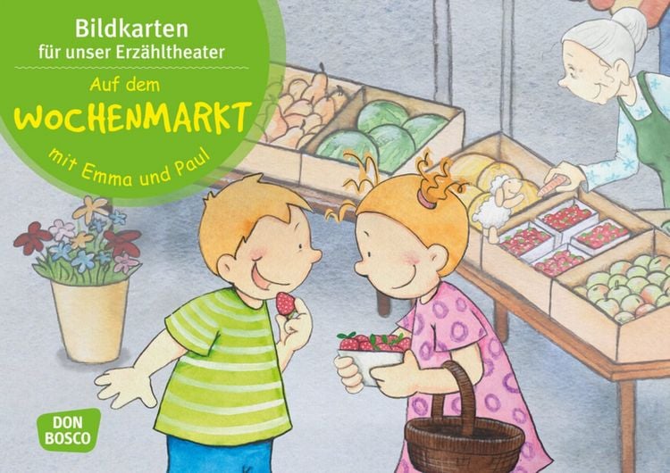 Produktbild: Auf dem Wochenmarkt mit Emma und Paul. Kamishibai Bildkartenset.
