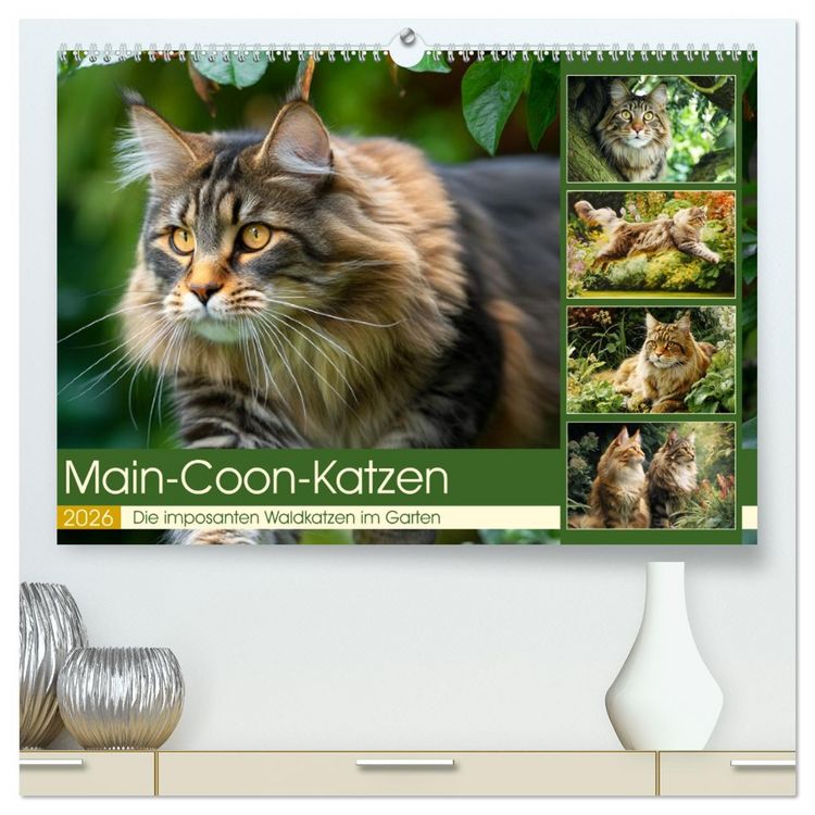 Produktbild: Main-Coon-Katzen. Die imposanten Waldkatzen im Garten (hochwertiger Premium Wandkalender 2026 DIN A2 quer), Kunstdruck in Hochglanz