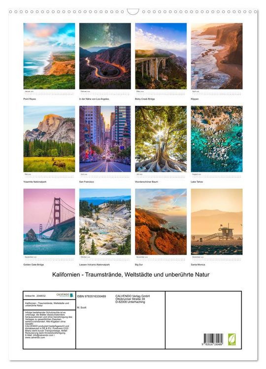 Produktbild: Kalifornien - Traumstr&auml;nde, Weltst&auml;dte und unber&uuml;hrte Natur (Wandkalender 2026 DIN A2 hoch), CALVENDO Monatskalender