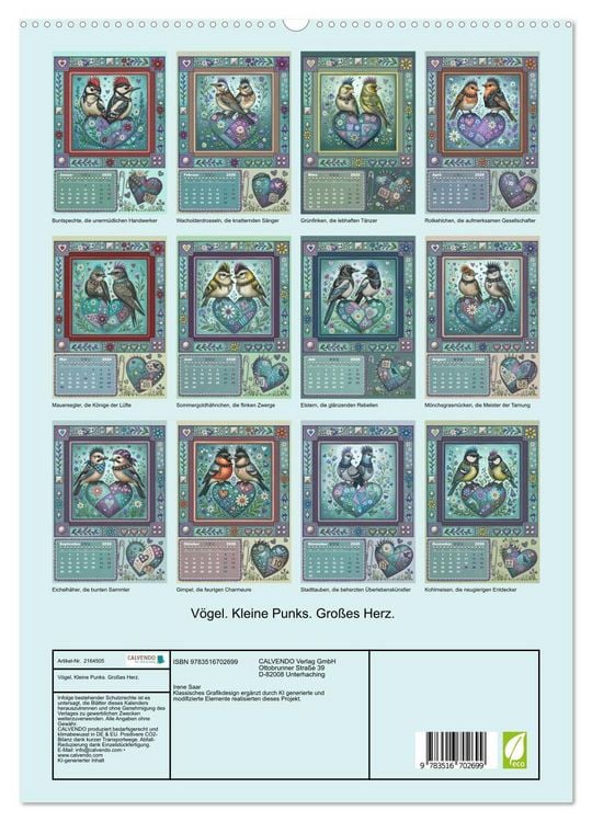 Produktbild: V&ouml;gel. Kleine Punks. Gro&szlig;es Herz. (hochwertiger Premium Wandkalender 2026 DIN A2 hoch), Kunstdruck in Hochglanz