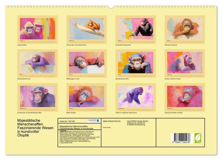 Produktbild: Majest&auml;tische Menschenaffen. Faszinierende Wesen in kunstvoller &Ouml;loptik (hochwertiger Premium Wandkalender 2026 DIN A2 quer), Kunstdruck in Hochglanz