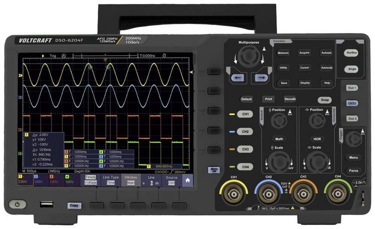 Produktbild: VOLTCRAFT DSO-6204F Digital-Oszilloskop 200 MHz 4-Kanal 1 GSa/s 10 Mpts 8 Bit Digital-Speicher (DSO), Funktionsgenerator 1 St.