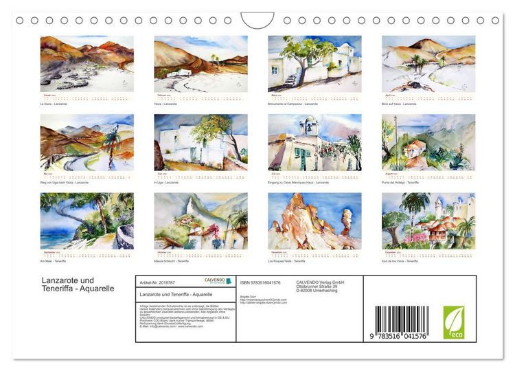 Produktbild: Lanzarote und Teneriffa - Aquarelle (Wandkalender 2026 DIN A4 quer), CALVENDO Monatskalender