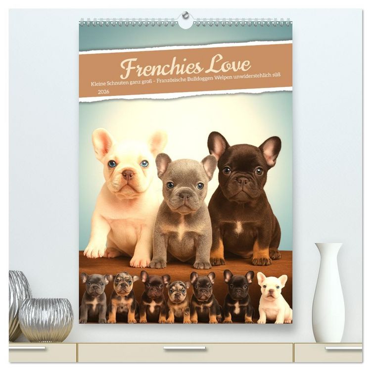 Produktbild: Frenchies Love &ndash; Kleine Schnuten ganz gro&szlig; - Franz&ouml;sische Bulldoggen Welpen unwiderstehlich s&uuml;&szlig; (hochwertiger Premium Wandkalender 2026 DIN A2 hoch), Kunstdruck in Hochglanz