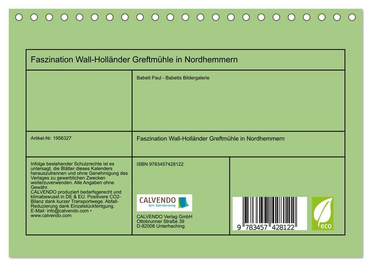 Produktbild: Faszination Wall-Holl&auml;nder Greftm&uuml;hle in Nordhemmern (Tischkalender 2026 DIN A5 quer), CALVENDO Monatskalender
