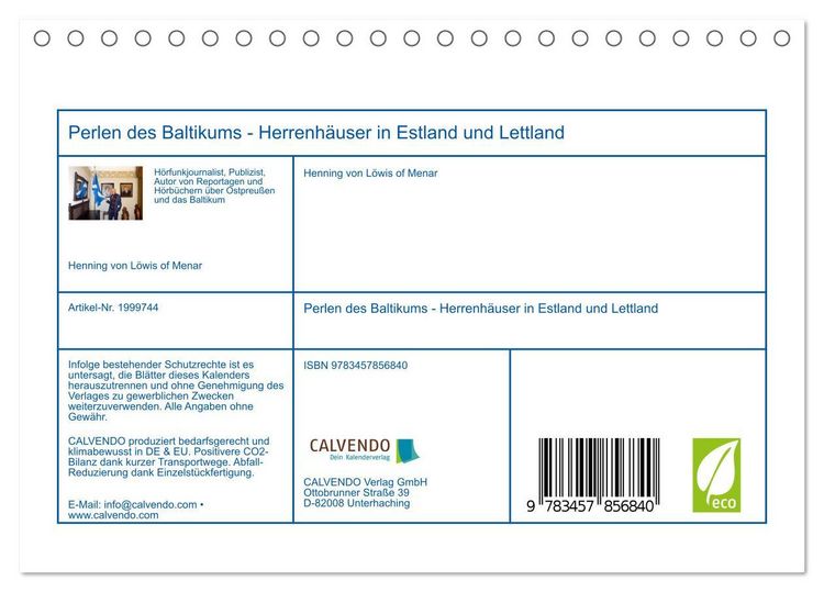 Produktbild: Perlen des Baltikums - Herrenh&auml;user in Estland und Lettland (Tischkalender 2026 DIN A5 quer), CALVENDO Monatskalender