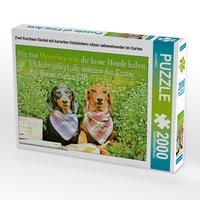 Produktbild: CALVENDO Puzzle Zwei Kurzhaar-Dackel mit karierten Halst&uuml;chern sitzen nebeneinander im Garten | 2000 Teile Lege-Gr&ouml;&szlig;e 90x67cm Foto-Puzzle f&uuml;r gl&uuml;cklic