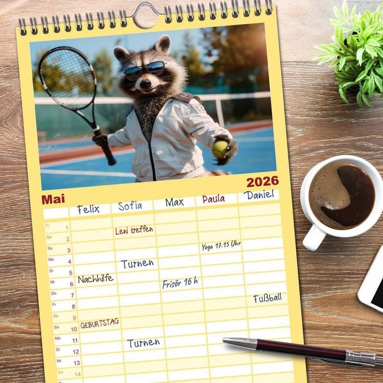 Produktbild: Familienplaner 2026 - Der tierisch lustige Tennis-Kalender mit 5 Spalten (Wandkalender, 21 x 45 cm) CALVENDO