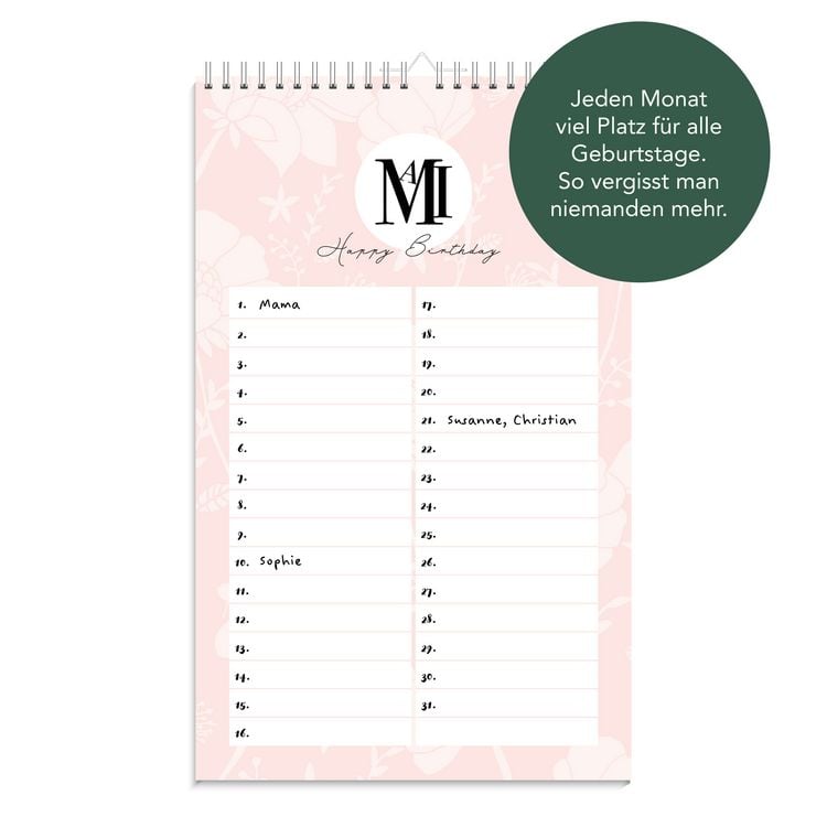 Produktbild: Geburtstagskalender immerw&auml;hrend | Jahresunabh&auml;ngiger Kalender f&uuml;r Geburtstage in rosa | Geburtstags&uuml;bersicht zum Aufh&auml;ngen mit Spiralbindung f&uuml;r die Familie und f&uuml;rs B&uuml;ro